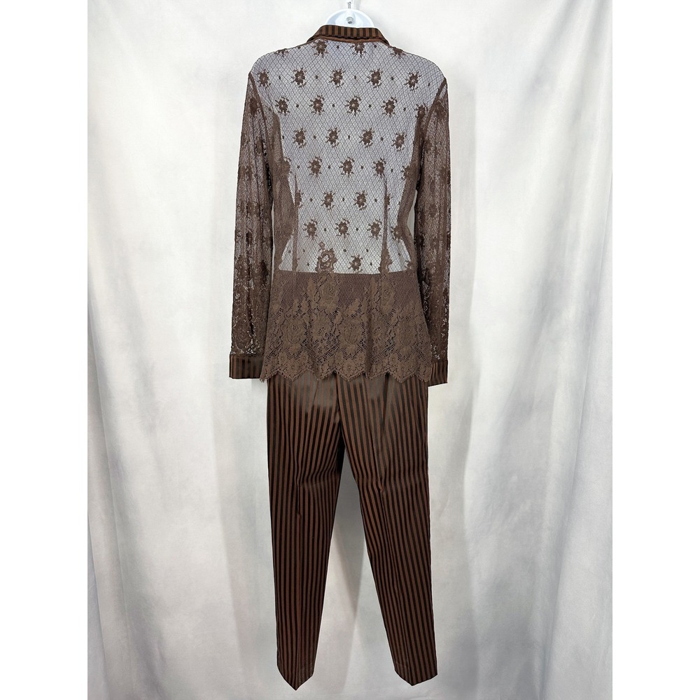 Bleu Blanc Rouge Set Brown Long Sleeve Lace Top Striped Brown Pants US Size 2 - Picture 7 of 12